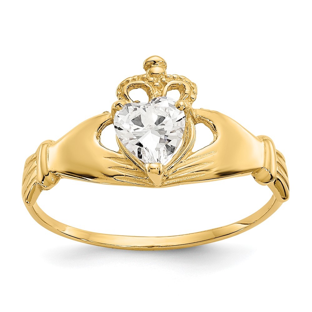 14k Gold Genuine CZ April Birthstone Claddagh Heart Ring, Size 7